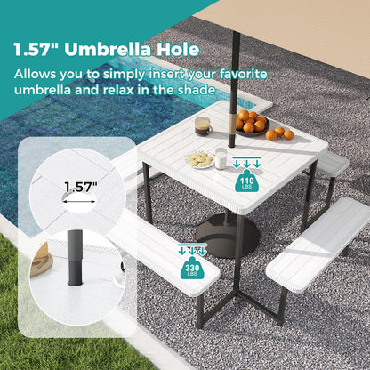 Giantex Picnic Table Bench Set for 4-8 People, 34" Outdoor Square Dining Table & 2 Benches w/Umbrella Hole, HDPE Tabletop, Metal Frame, Patio Camping Furniture for Backyard Porch Lawn (White,Square)