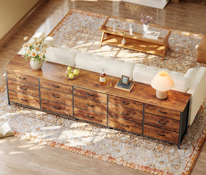 Huuger 86.6 Inch Dresser for Bedroom, TV Stand for 65, 75, 85 Inch TV, 15 Fabric Drawer Long Dresser, Large Entertainment Center for Bedroom, Wide Chest of Drawer with Storage, Rustic Brown