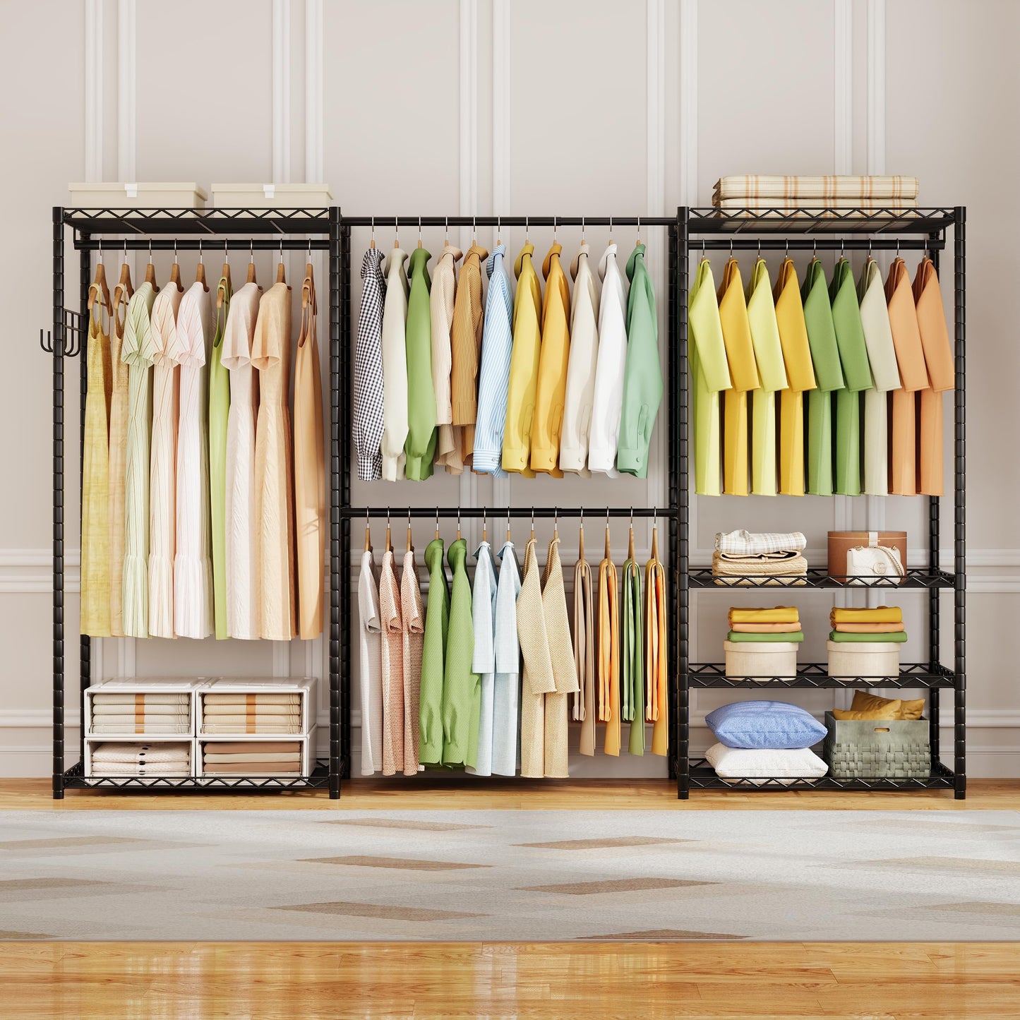 ecobedding Heavy Duty Garment Rack, 900LBS Max Load Freestanding Closet Organizer with 6 Storage Shelves & 3 Adjustable Hanging Rods, Multifunctional (Black, 15.75" D x (69.7~88.2)" W x 79.5" H)
