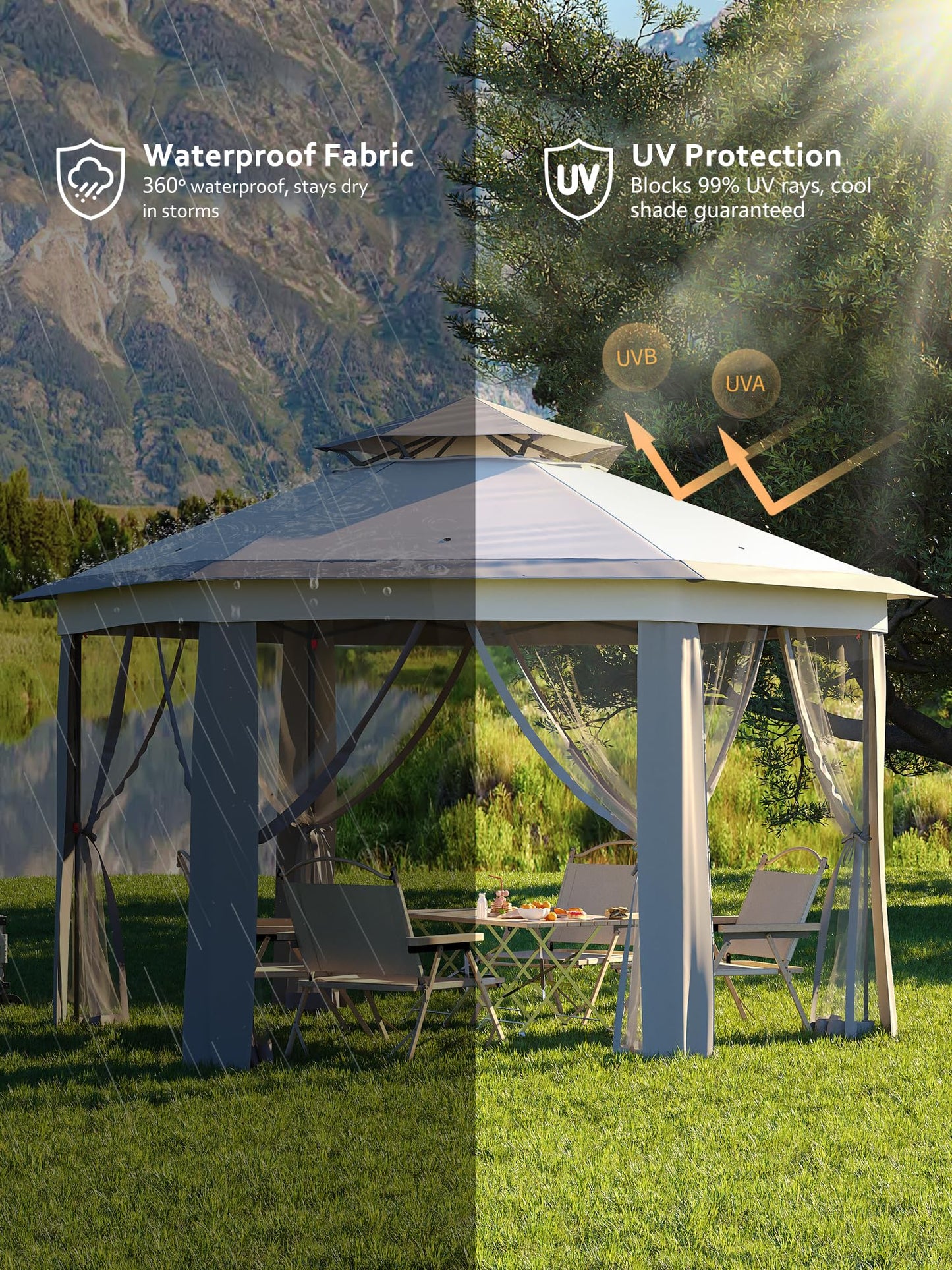 Garvee Pop Up Gazebo Screen Tent,Hexagonal Instant Gazebo Tent with Mosquito Netting Outdoor Canopy,6 Sided Sun Shelter 13x13ft with Mesh Netting,Pavilion Tents for Patio,Light Gray+Dark Gray