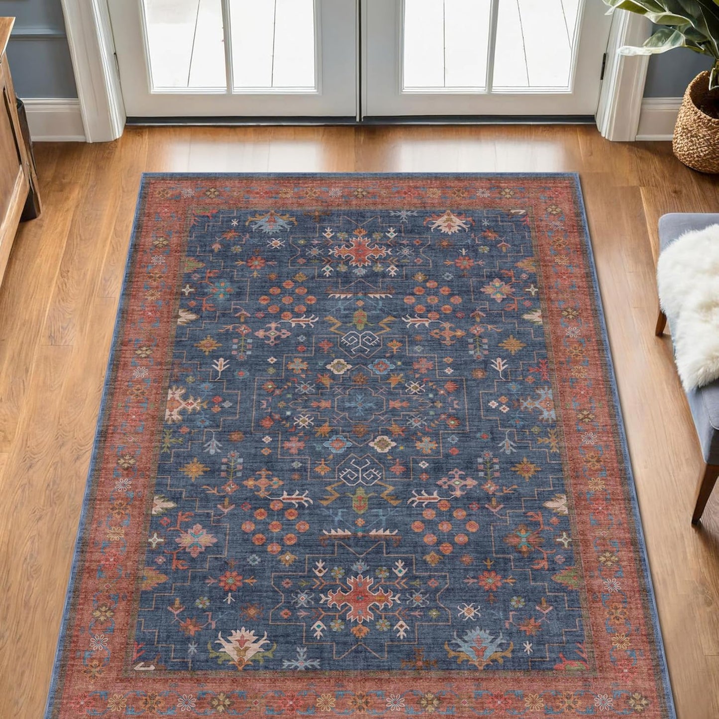 Skiennix Washable Kitchen Rugs - Stain Resistant Non-Slip Area Rug for Entryway | 3x4 Navy Blue Boho Décor