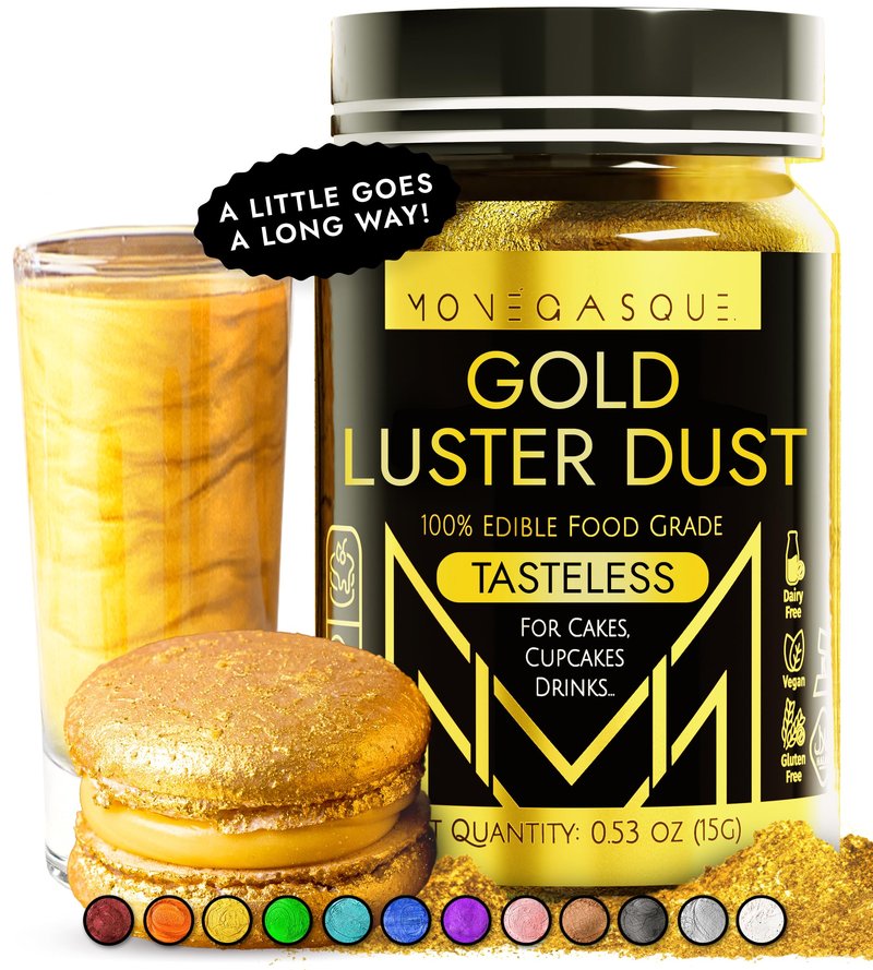 MONÉGASQUE Gold Edible Glitter for Drinks 15g – Edible Glitter for Cakes & Cocktails - Gold Luster Dust for Cocktail, Mothers Day Cake Toppers, Food Decorations Sprinkles Spray - Drink Shimmer Powder
