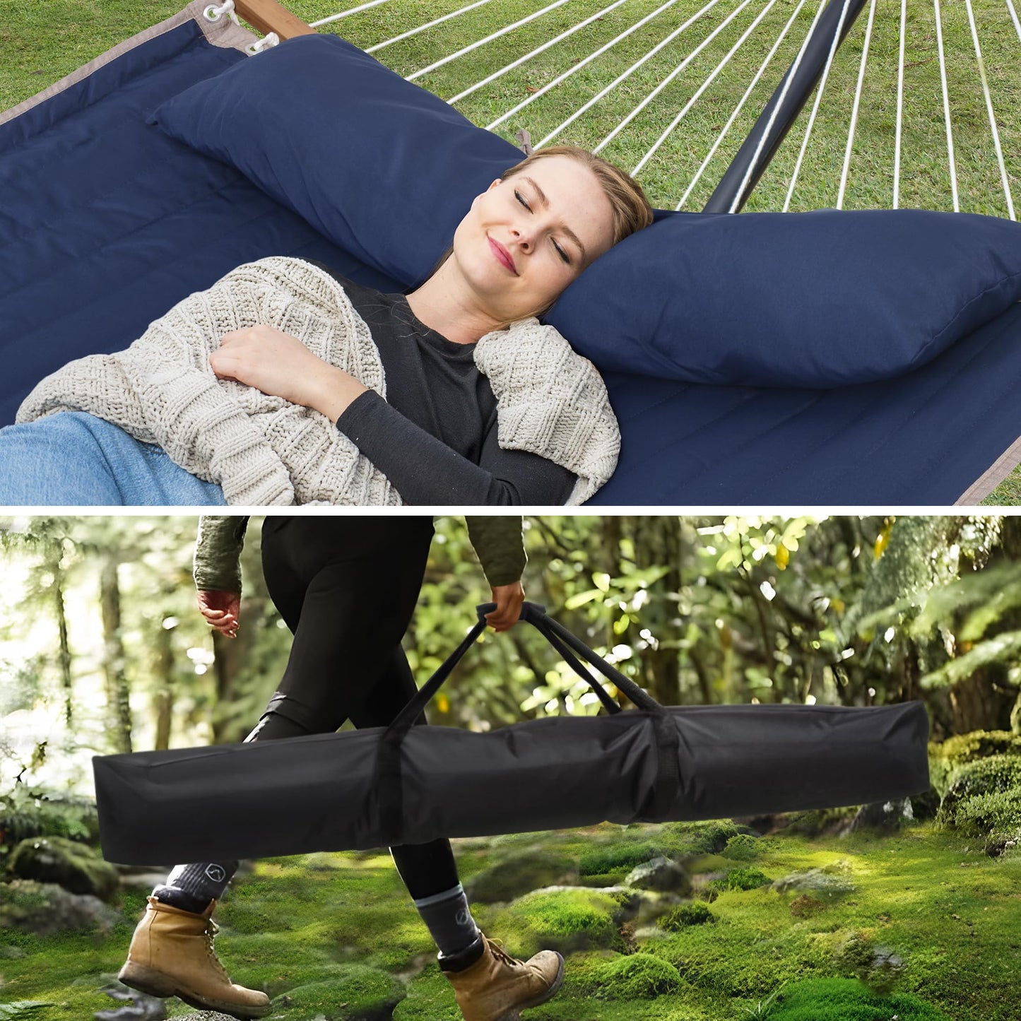 SUNCREAT Heavy Duty Double Hammock and Stand, Extra Large Hammock Carrying Bag with Zipper, Outdoor Hammock with Stand and Storage Bag