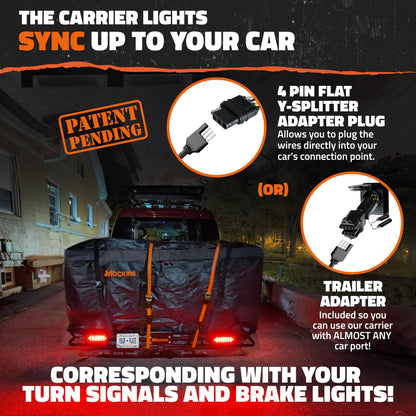 Mockins 60"x20"x6" Heavy-Duty Trailer Hitch Cargo Carrier w/ 20 CuFt Waterproof Cargo Bag | 500 Lb Cap All-Weather Folding Luggage Rack for SUV Car & Truck w/Rear Lights, License Plate Holder & More