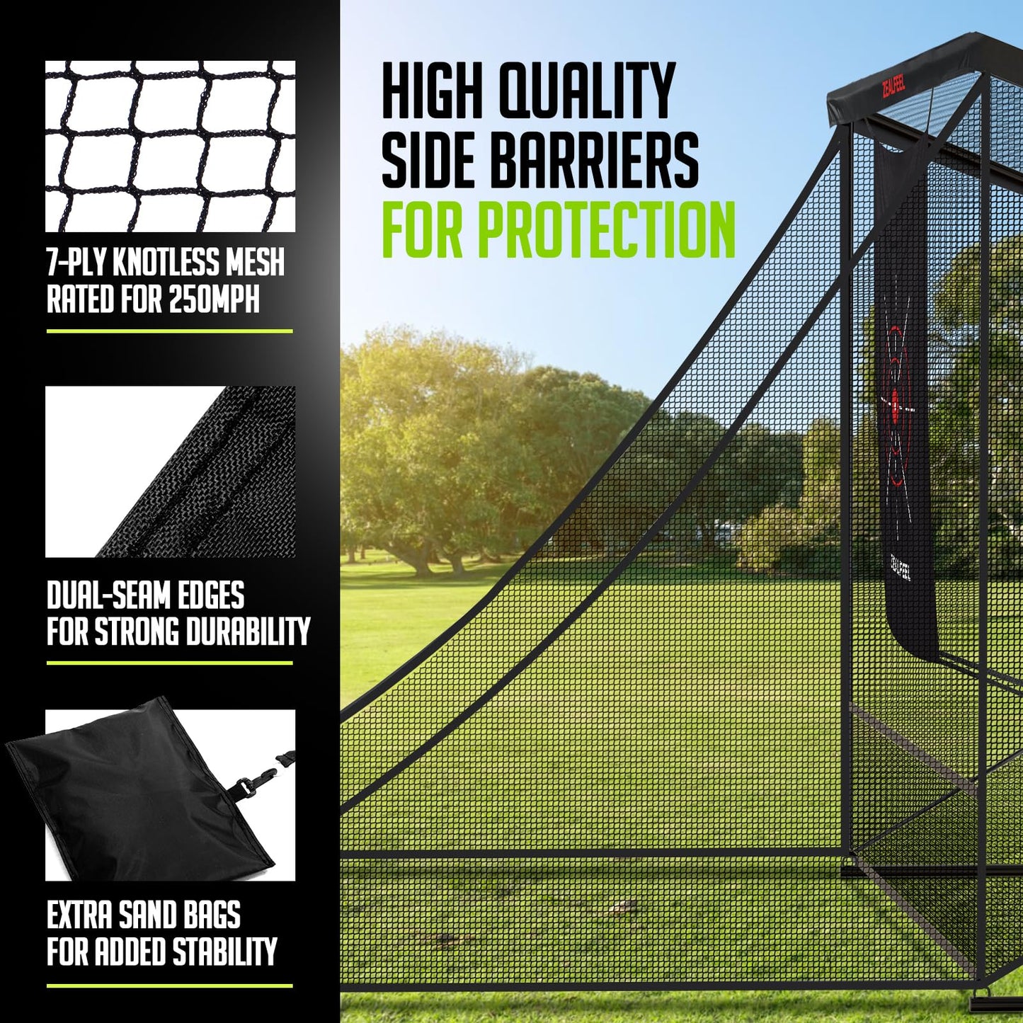 Zealfeel Golf Net, 10x7ft Golf Simulator Enclosure Net with Side Barriers, Low-Noise Silk Target, Carry Bag, 2 Sand Bags, 4 Stakes, Hiting Net for Backyard Driving Chipping Indoor Outdoor Use