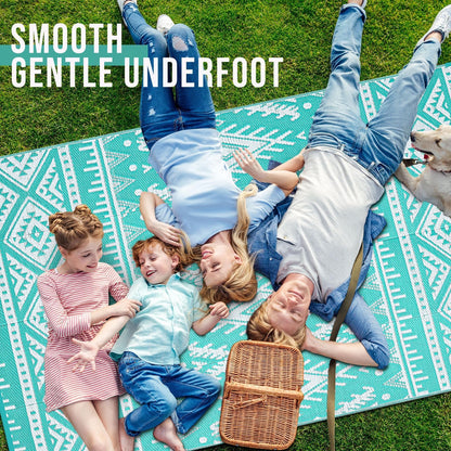 OLANLY Outdoor Rug Waterproof 9x18 ft, Reversible Outdoor Plastic Straw Rug, Boho Patio Rug, Indoor Outdoor Carpet, RV Mat Outside for Patio, Camp, Picnic, Balcony, Deck, Backyard, Turquoise & White