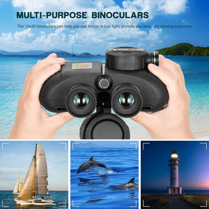ESSLNB 10X50 Marine Binoculars with Illuminated Rangefinder, Compass, IPX7 Waterproof, BAK4 Prisms, for Navigation, Hunting, Includes Strap and Carrying Bag