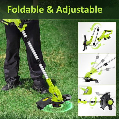 JAGROM 20V Cordless Electric String Trimmer - 12-Inch Lawn Mower & Edger with 2 Batteries & Charger