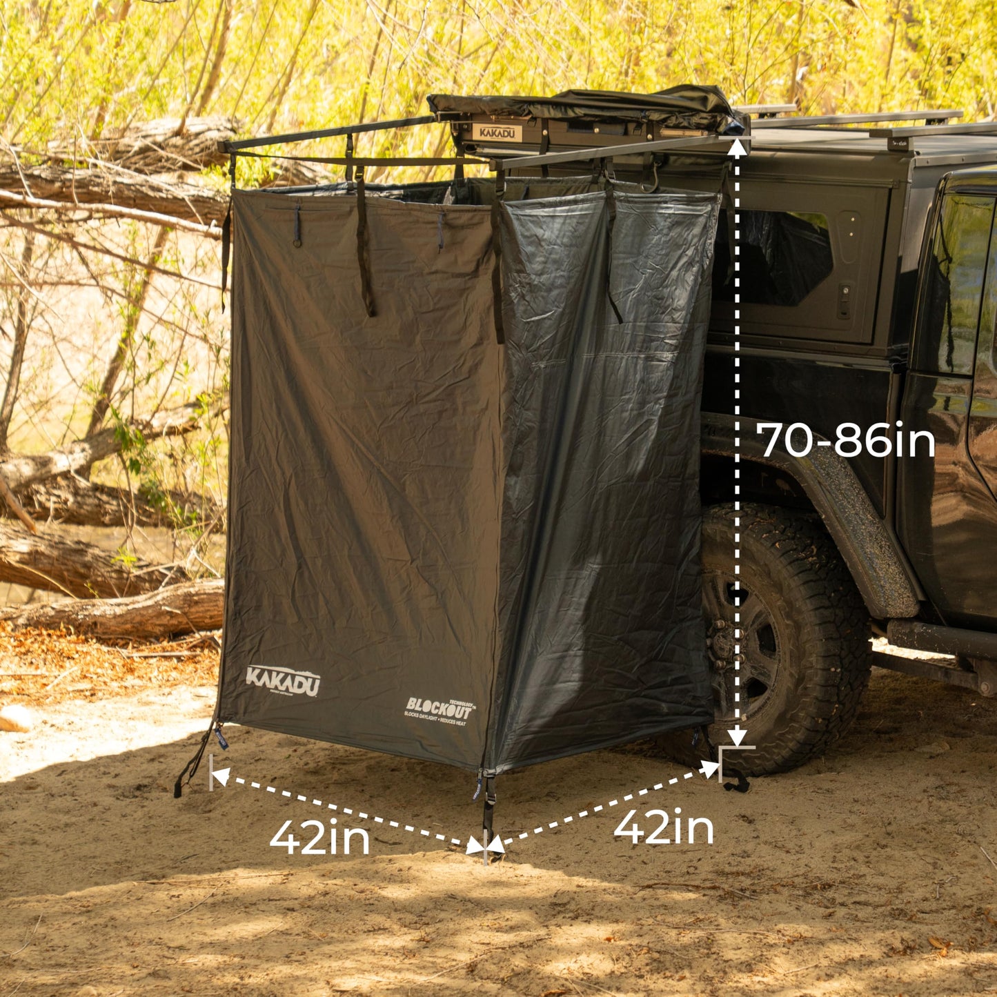 Kakadu Outback Shower Vehicle Tent, Camping Privacy Shelter, Bathroom Tent for Cars – with Roof, LED Light, BlockOut® Technology, Towel Rod, Storage System