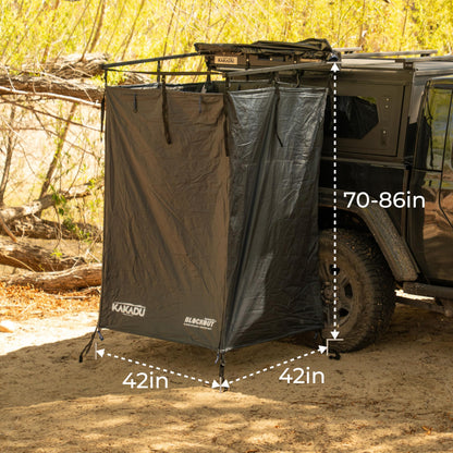 Kakadu Outback Shower Vehicle Tent, Camping Privacy Shelter, Bathroom Tent for Cars – with Roof, LED Light, BlockOut® Technology, Towel Rod, Storage System