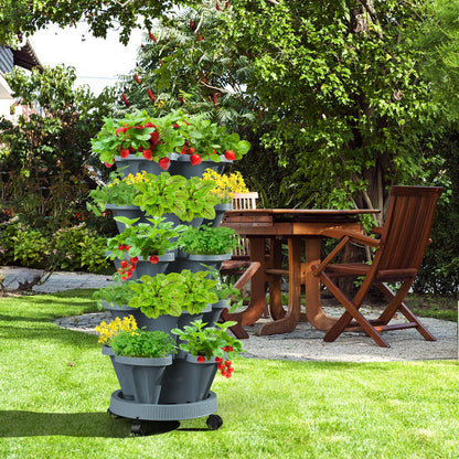 Tectsia 7 Tiered Strawberry Vertical Planter Tower Garden 3 Pack, Stackable Planter Herb Garden Planter with Movable Casters and Bottom Saucer Indoor and Outdoor - Dark Grey