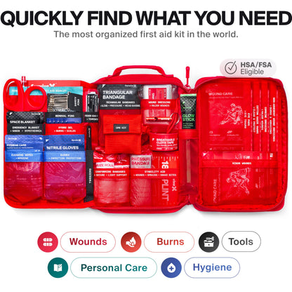 SurviveX Large First Aid Kit for Car, Travel & Home - Emergency Kit for Hiking, Camping, Backpacking and Outdoors - Includes Zip Stitch Wound Closure Strips