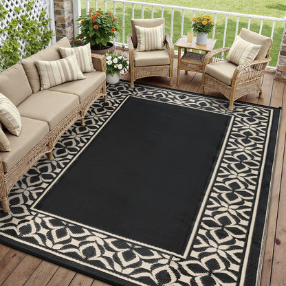 PureCozy Outdoor Plastic Straw Rug Black Beige Large Outside Waterproof Outdoor Patio 10x14 Carpet Geometric Reversible Mat Modern for Camping RV Porch Deck Balcony Beach