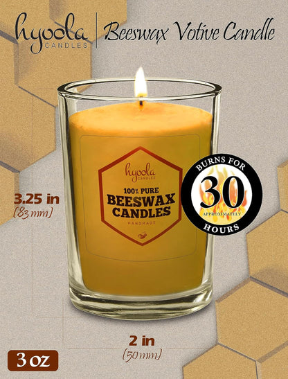 Hyoola Beeswax Votive Candles 3 Pack - Handmade, All Natural, 100% Pure Unscented Bee Wax Candle - Decorative, Golden Yellow Beeswax Candle - 30 Hour Burn Time