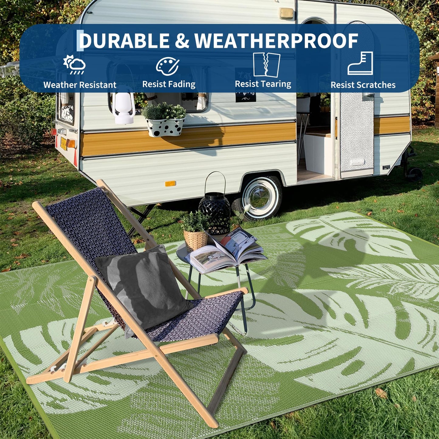Garvee 9x18 Outdoor Rug Waterproof Reversible Mat Leaf Tropical Patio Rug with 4 Stakes and Starage Bag Portable Outdoor Straw Plastic Area Rug for Camping Porch Deck Rv Balcony Backyard Beach, Sage