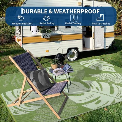 Garvee 9x18 Outdoor Rug Waterproof Reversible Mat Leaf Tropical Patio Rug with 4 Stakes and Starage Bag Portable Outdoor Straw Plastic Area Rug for Camping Porch Deck Rv Balcony Backyard Beach, Sage