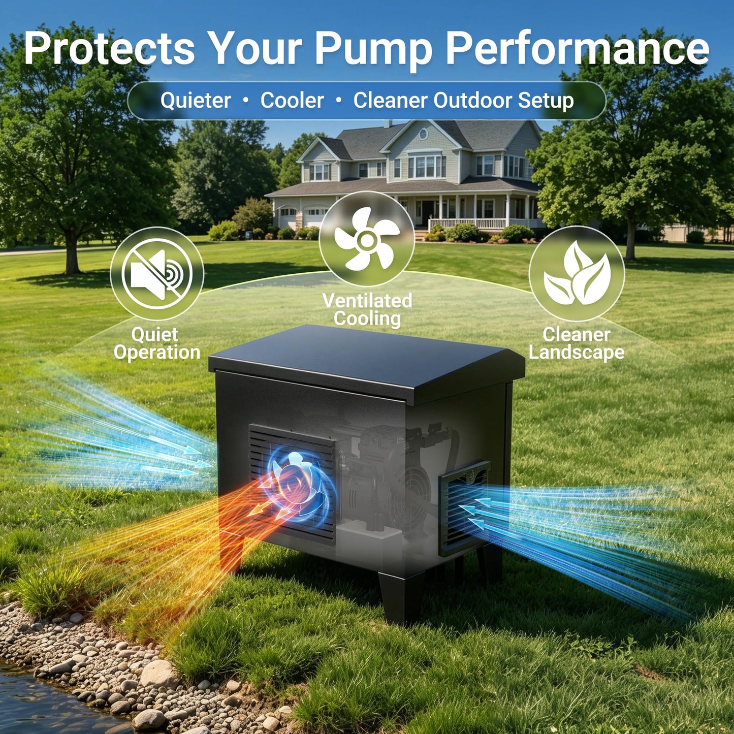 HQUA Pond Aerator Pump Cover Cabinet, Weatherproof Outdoor Protection System with Cooling Fan, Pre-Wired Outlet & 10 ft Power Cord, Galvanized Steel Enclosure 19”W × 14”D × 18.5”H