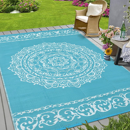 GlowSol Outdoor Rug 9x18 ft, Reversible Waterproof Outdoor Plastic Straw Rug, Oriental Medallion Patio Rug, Large Outdoor Carpet, RV Mat Outside for Patio, Camp, Picnic, Balcony, Deck, Backyard,Blue