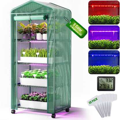 PYY Mini Indoor Greenhouse with Grow Light - Small Portable Outdoor Plant Green House Cabinet with Wheels, Thermometer, PE Tent Cover, 4 Dimmable 3 Color 2FT 36W LED Kit, 4 Tier Gardening Shelves