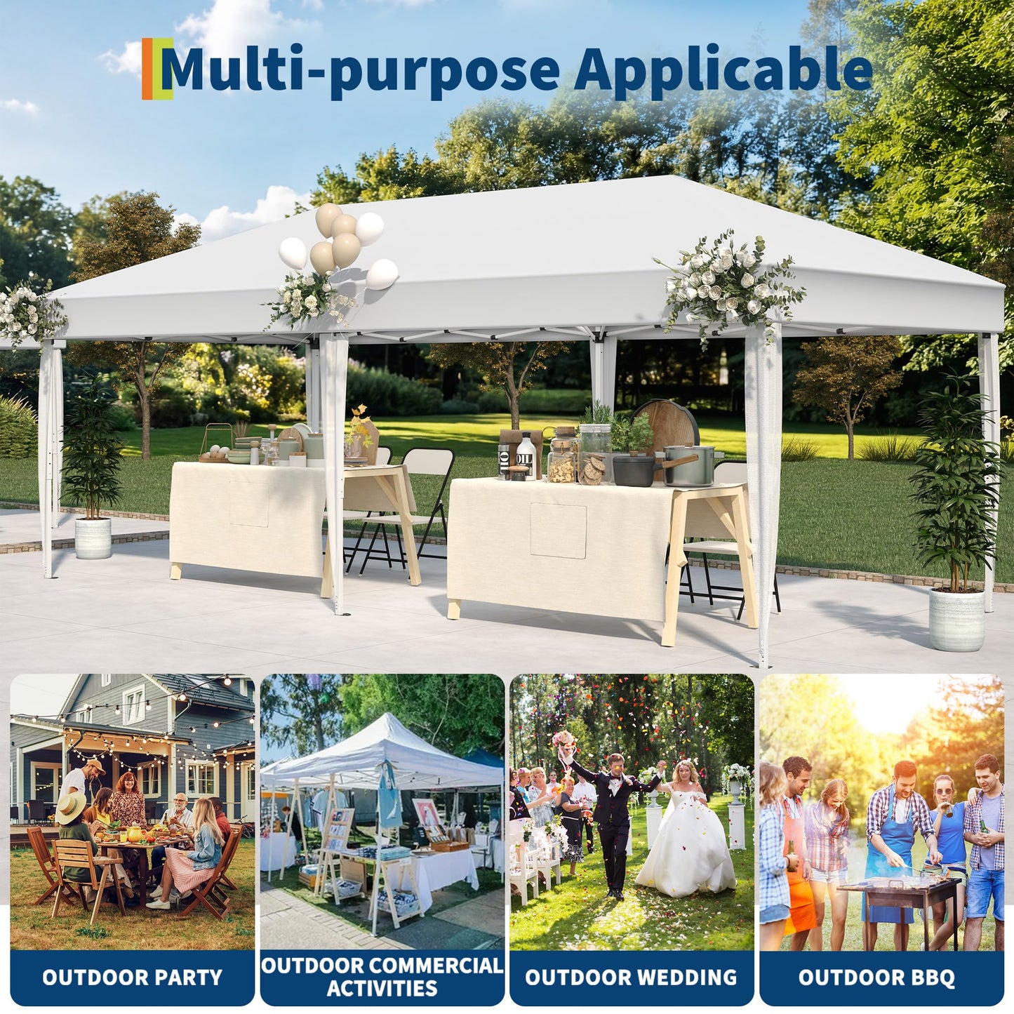 Outdoor Canopy Tent, 10x20 Pop Up Canopy with Carry Bag, 3 Adjustable Heights, Easy Set Up Tent, Heavy Duty Portable Shelter for Parties, Beach, Outdoor, White
