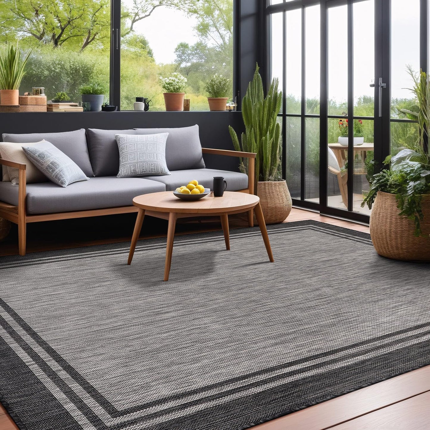 Luul Home Bordered Outdoor Rug 10x14 Washable Outside Carpet for Indoor Patio Porch Waterproof Easy Cleaning Non Shedding Area Rugs Dark Gray 10 x 14