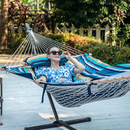 Lazy Daze Hammocks 2 Person Portable Hammock with 12FT Stand, Double Hand Woven Cotton Rope Hammock with Detachable Quilted Pad & Pillow for Outside, 450lb Capacity, Beach Stripes