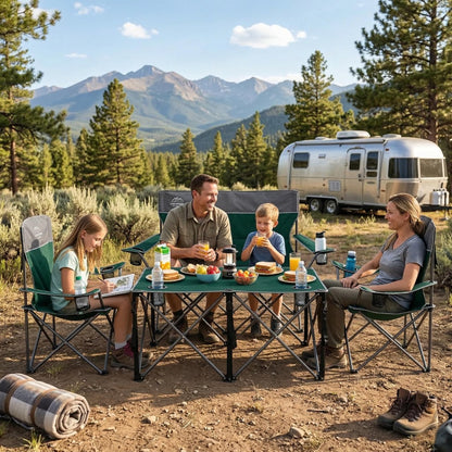 LANMOUNTAIN Oversized 4 Pcs Camping Chair Set with Table,Outdoor Folding Heavy Duty Lawn Chair,Cup Holder,Portable,Loveseat Chair Perfect for Family Hiking,Picnics and Beach Trips,Dark Green