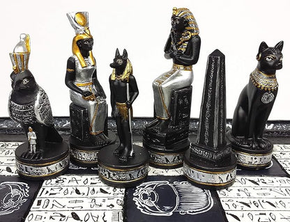 Egyptian Anubis Chess Set Black Silver and Gold Men with 16 Hieroglyphic Board