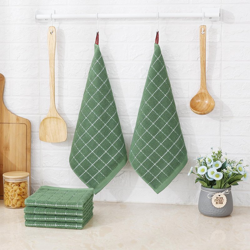 Homaxy 100% Cotton Terry Kitchen Dish Cloths, Ultra Soft and Absorbent Dish Towels for Kitchen, Suitable for Drying and Washing Dishes, 24 Pack, 12 x 12 Inches, Grass Green