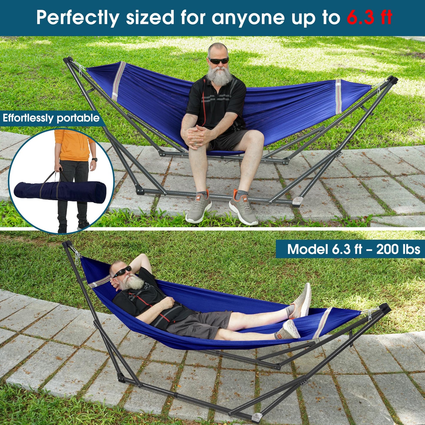 Tranquillo Camping Hammock and Stand, Collapsible Camping Hammock with Stand, 600 lbs Capacity Foldable Hammock for 2 Persons, Premium Noiseless No Screws Heavy Duty Multifunctional Stand, Blue