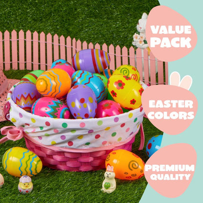 JOYIN Toy 18 PCs Plastic Printed Bright Easter Eggs, Over 3.15'' Tall Fillable Empty Eggs Bulks for Easter Hunt, Basket Stuffers Fillers, Classroom Prize Supplies, Filling Treats and Party Favor