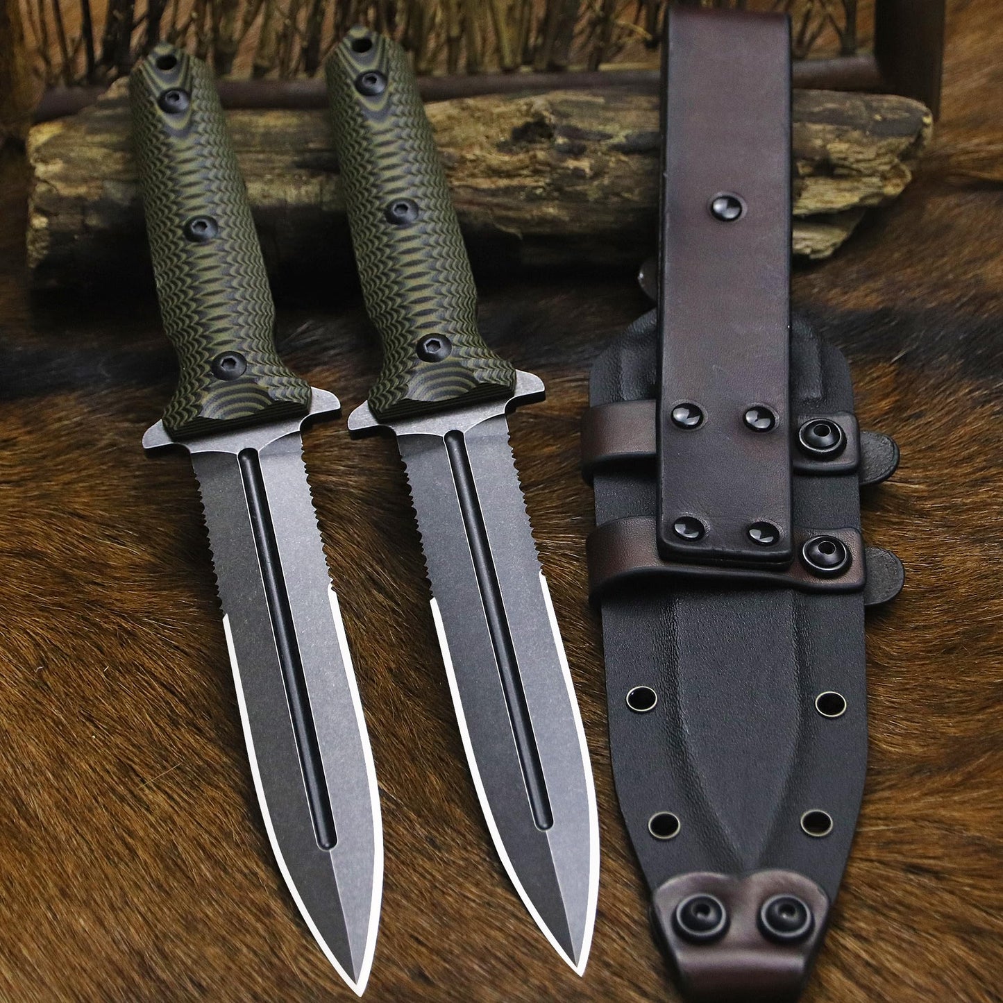 BA-KOR 11.4” Fixed Blade Hunting Knife, CPM 3V Steel Full Tang Survival Knife, 5mm Thick Stonewashed Dual Edge with Partial Serration, G10 Handle, Leather Kydex Sheath & 5.9” Fire Starter