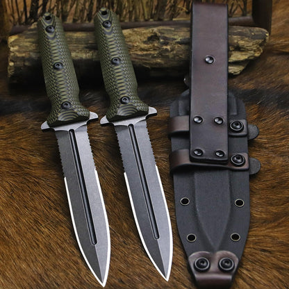 BA-KOR 11.4” Fixed Blade Hunting Knife, CPM 3V Steel Full Tang Survival Knife, 5mm Thick Stonewashed Dual Edge with Partial Serration, G10 Handle, Leather Kydex Sheath & 5.9” Fire Starter