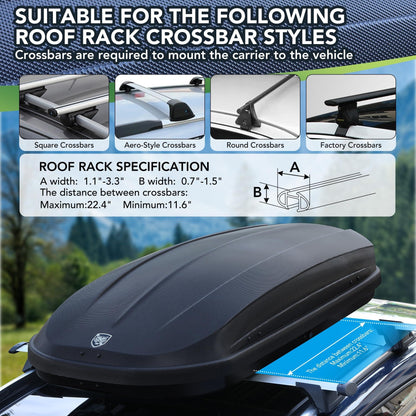 Rooftop Cargo Box Carrier for Car Storage, 12 Cubic Ft Car Top Mount Aero Hard Shell Dual-Side Opening, 165 LBS Weight Capacity Weatherproof Roof Mount Travel Luggage Storage, Secure Straps & Keys