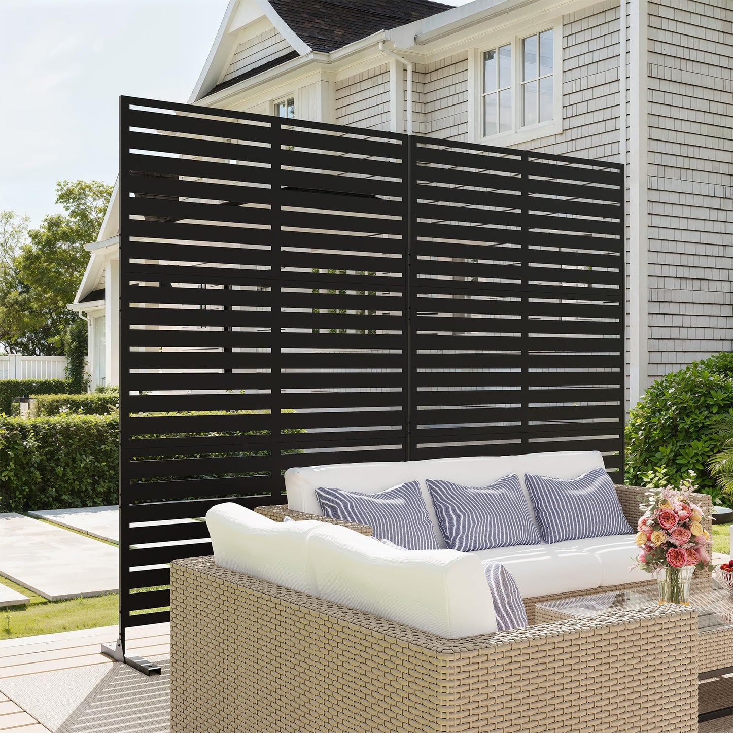 Garvee 72" H x 47" W Outdoor Metal Privacy Screen, 6FT Decorative Privacy Fence Freestanding Panels with Stand, Room Dividers, Patio Metal Screen Panel for Garden Yard Balcony Deck, Black