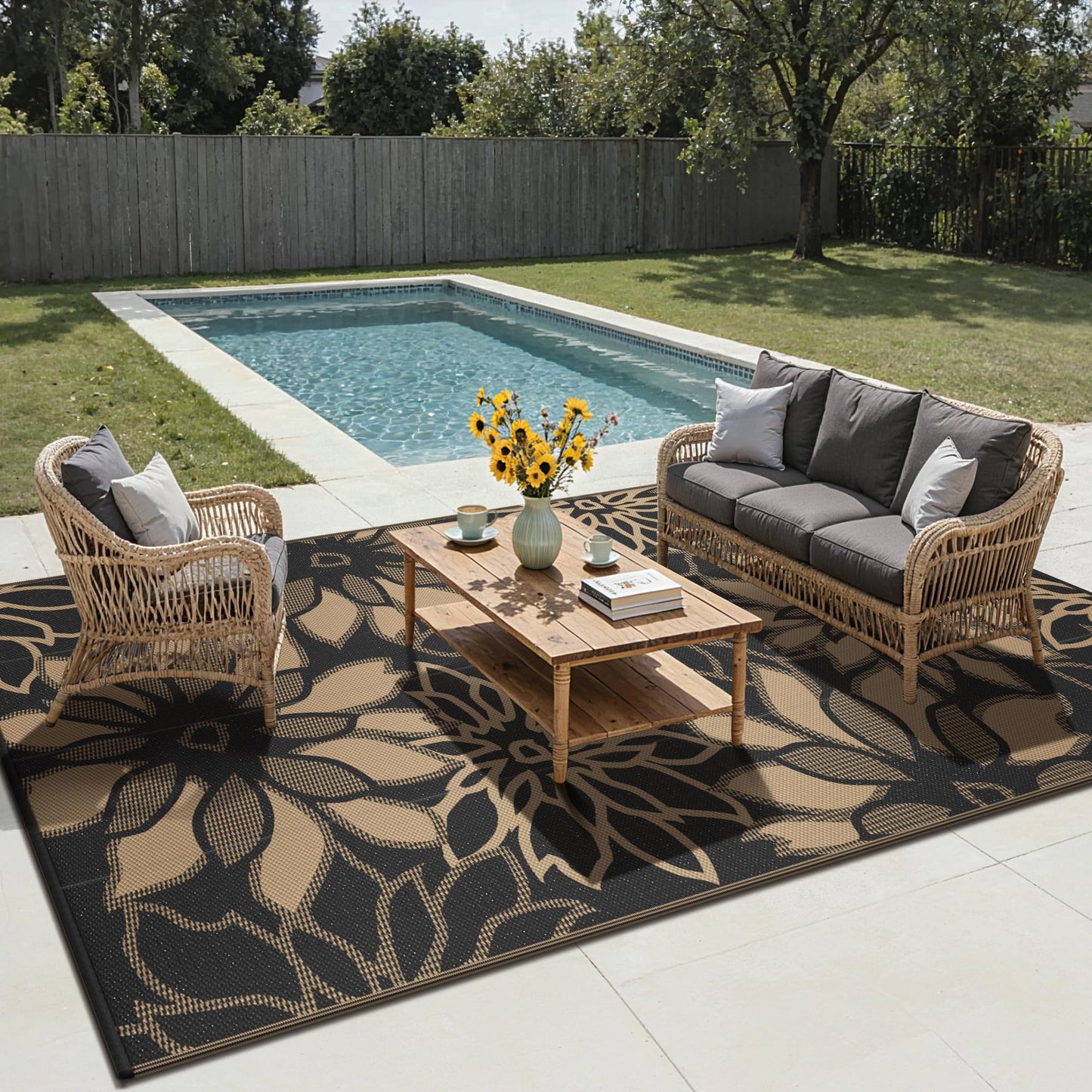 GENIMO Outdoor Rug Waterproof for Patio Decor, 10' x 20' Reversible Plastic Straw Floral Camping Carpet, Large Area Rugs Mats for RV, Camper, Deck, Balcony, Porch, Beach, Picnic, Black & Brown