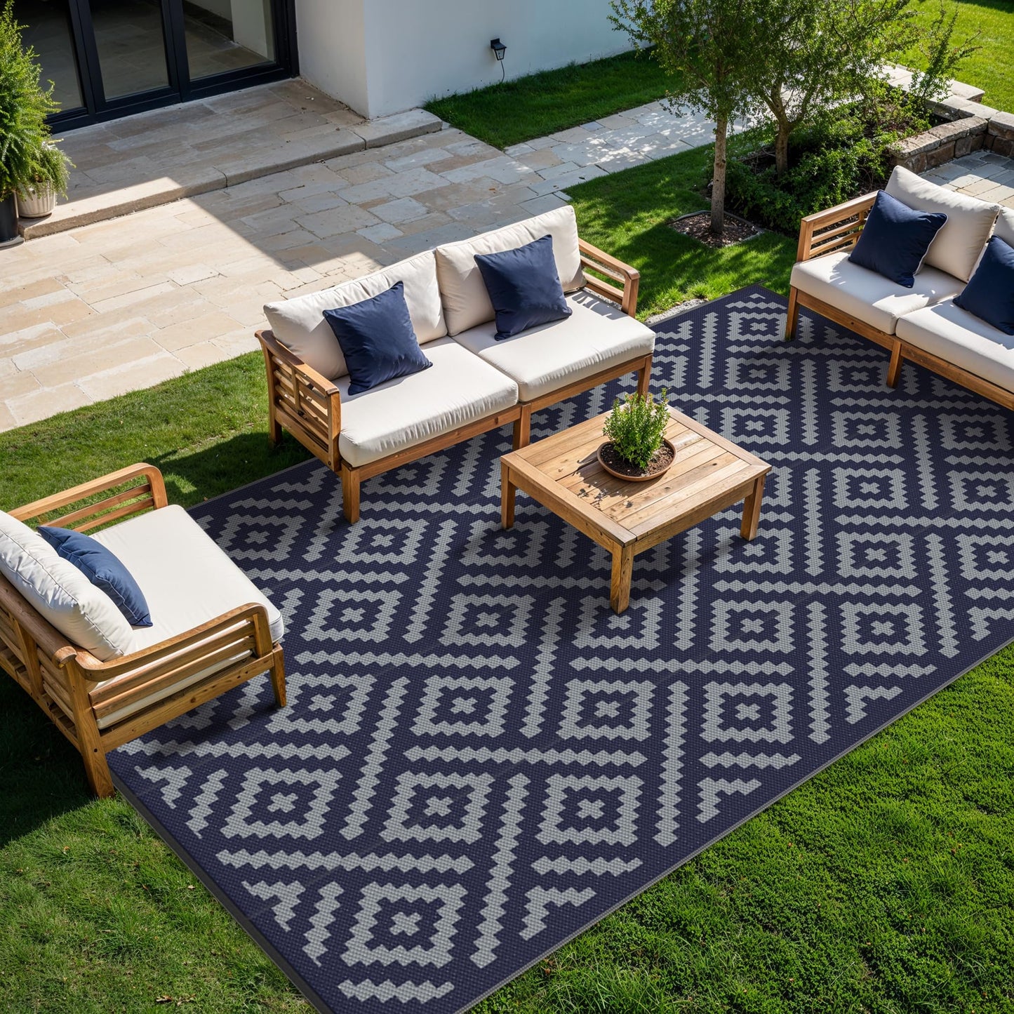 GENIMO Outdoor Rug for Patio Clearance, 10'x14' Waterproof Camping Mat, Reversible Plastic Straw Rugs for RV, Camper, Balcony, Backyard, Picnic, Deck (Blue & Grey)