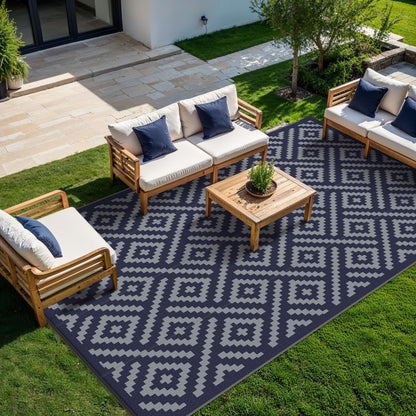 GENIMO Outdoor Rug for Patio Clearance, 10'x14' Waterproof Camping Mat, Reversible Plastic Straw Rugs for RV, Camper, Balcony, Backyard, Picnic, Deck (Blue & Grey)