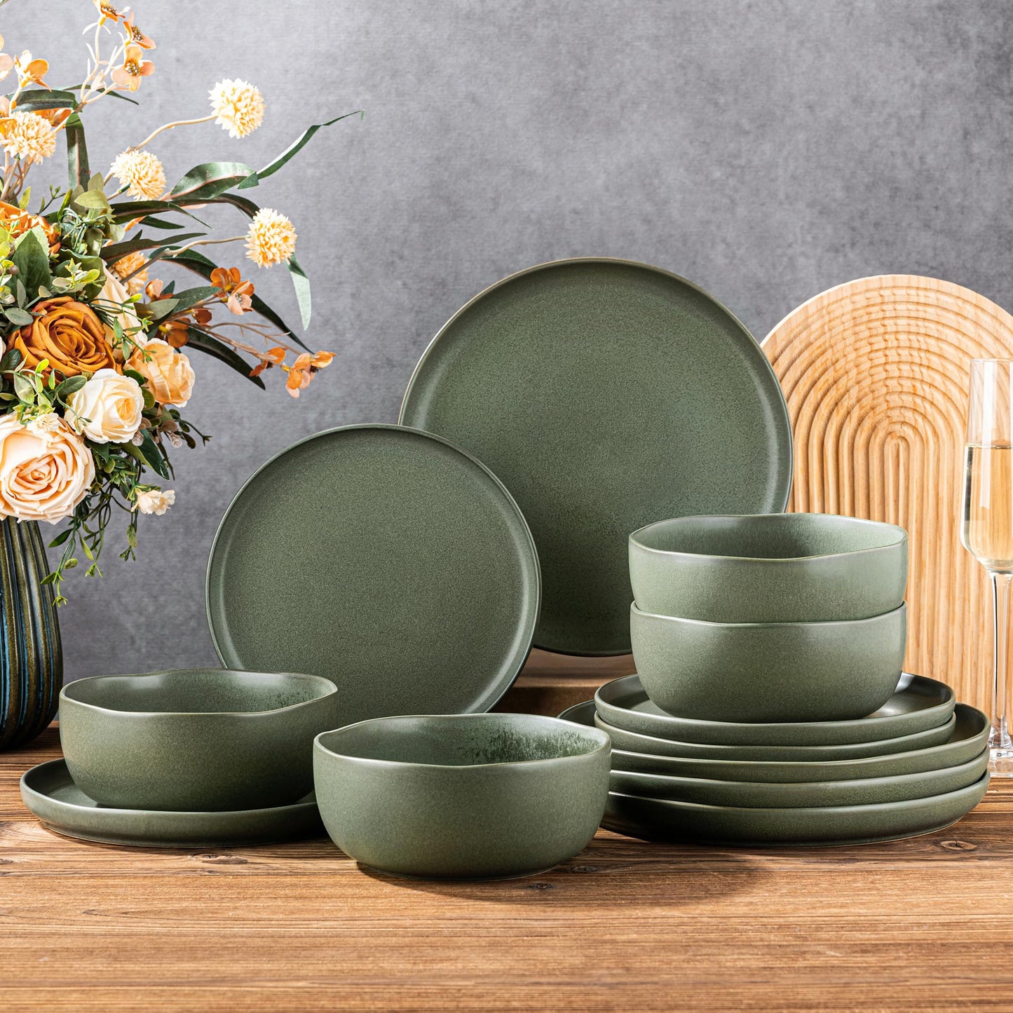 AmorArc Ceramic Dinnerware Sets, Wavy Rim Stoneware Plates and Bowls Sets,Dishwasher & Microwave & Oven Safe Dishes set, Service for 8 (24pc)