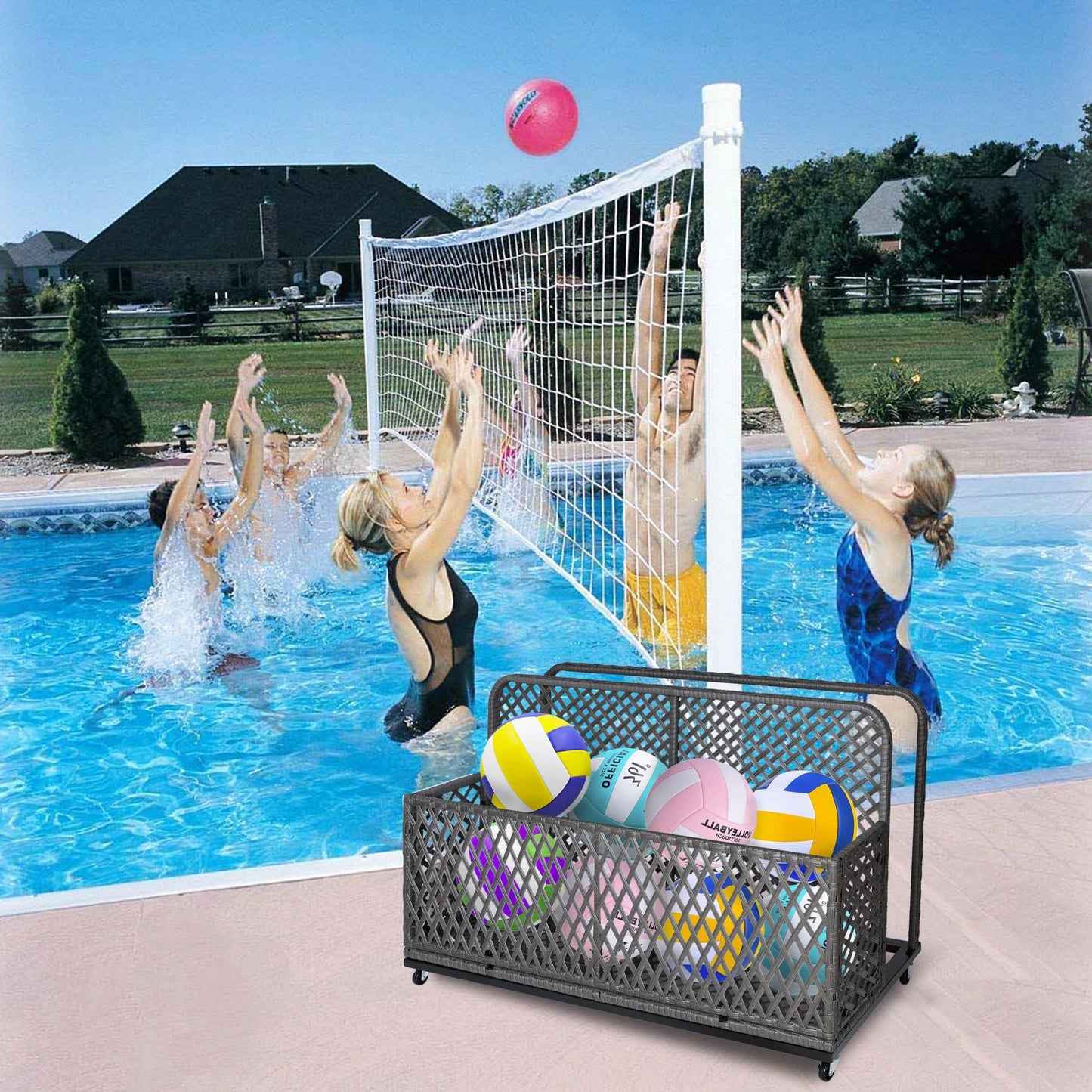 IDEALHOUSE Poolside Float Storage, Outdoor Storage, Patio Basket, Storage Box, PE Rattan Outdoor Pool Caddy with Rolling Wheels for Floaties, Patio, Pool, Beach-Sturdy & Movable, Diamond Gray