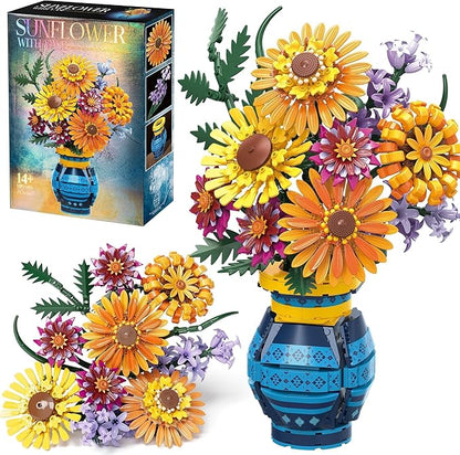 Sunflower Bouquet Building Blocks w/ Vase Set 1065 PCS Botanical Collection Birthday Gifts for Mom Women Grandma Adult Her Mother's Day Artificial Flower Home Decor Stocking Stuffers for Teen Girls