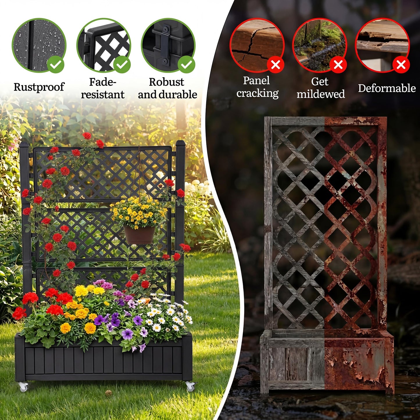 YITAHOME 42.5x14.2x61 in Planter Box with Trellis, All-Weather Raised Garden Bed with Wheels & Drain Plug, Outdoor Privacy Screen for Climbing Plants Flowers Herbs, Black