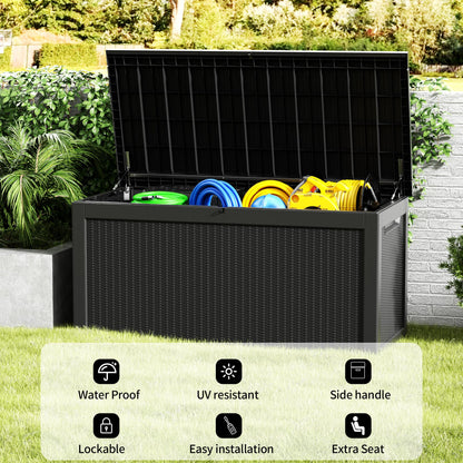 Decksplore 320 Gallon Resin Deck Box, Waterproof Outdoor Storage Bin for Patio Furniture, Pool Accessories, and Garden Tools, Lockable & UV-Resistant, Black