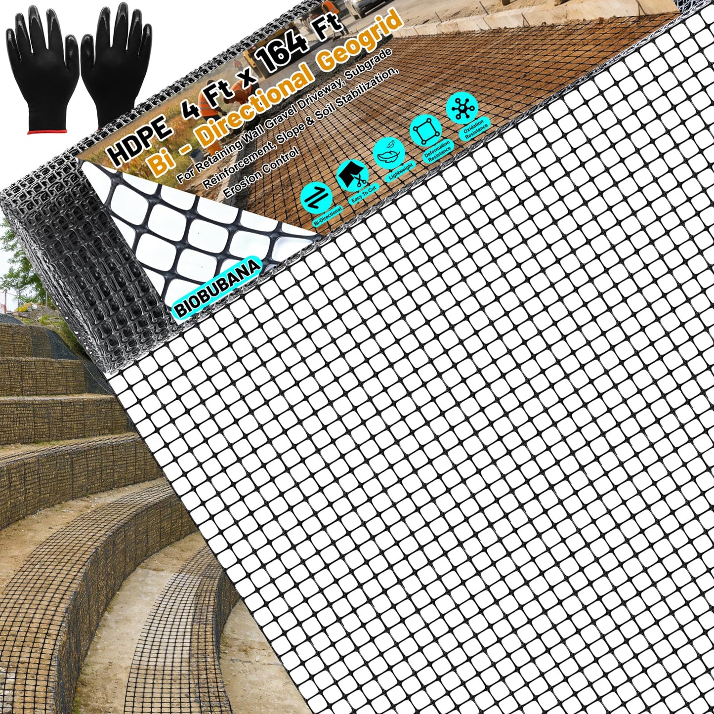 4 Ft x 164 Ft Geogrid for Retaining Wall, Bi-Directional Geo Grid Roll with Gloves, HDPE Geogrid for Gravel Driveway, Subgrade Reinforcement, Slope & Soil Stabilization, Erosion Control