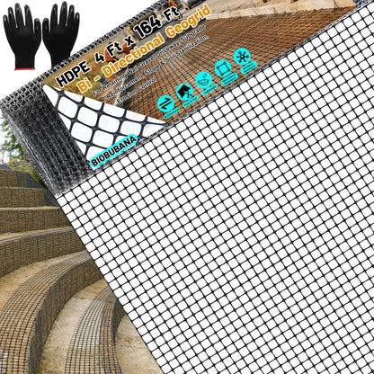 4 Ft x 164 Ft Geogrid for Retaining Wall, Bi-Directional Geo Grid Roll with Gloves, HDPE Geogrid for Gravel Driveway, Subgrade Reinforcement, Slope & Soil Stabilization, Erosion Control