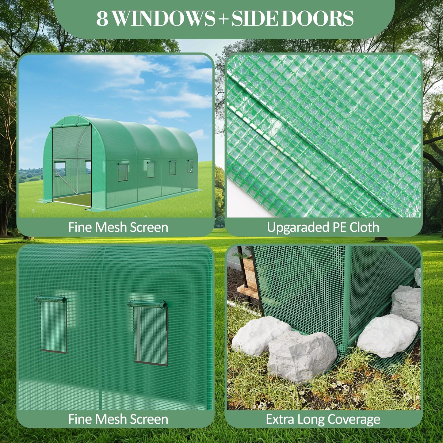 Heavy Duty Walk-in Greenhouse for Outdoor Gardening, Plant Growth with Galvanized Steel Frame, Green PE Cover, Roll-Up Door & 8 Vent Windows for Year-Round Gardening