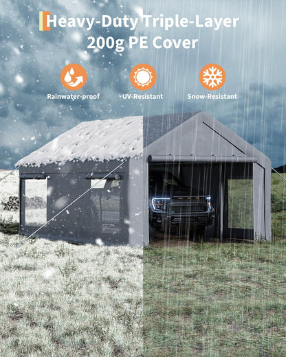 10X20 ft Heavy-Duty Metal Carport with Roll-Up Doors & 4 Windows, All Weather Extra Large Car Port, 200 g PE Tarp Cover Portable Garage for SUV, Sedan, Boat, Motorcycle & ATV Storage Shelter, Grey