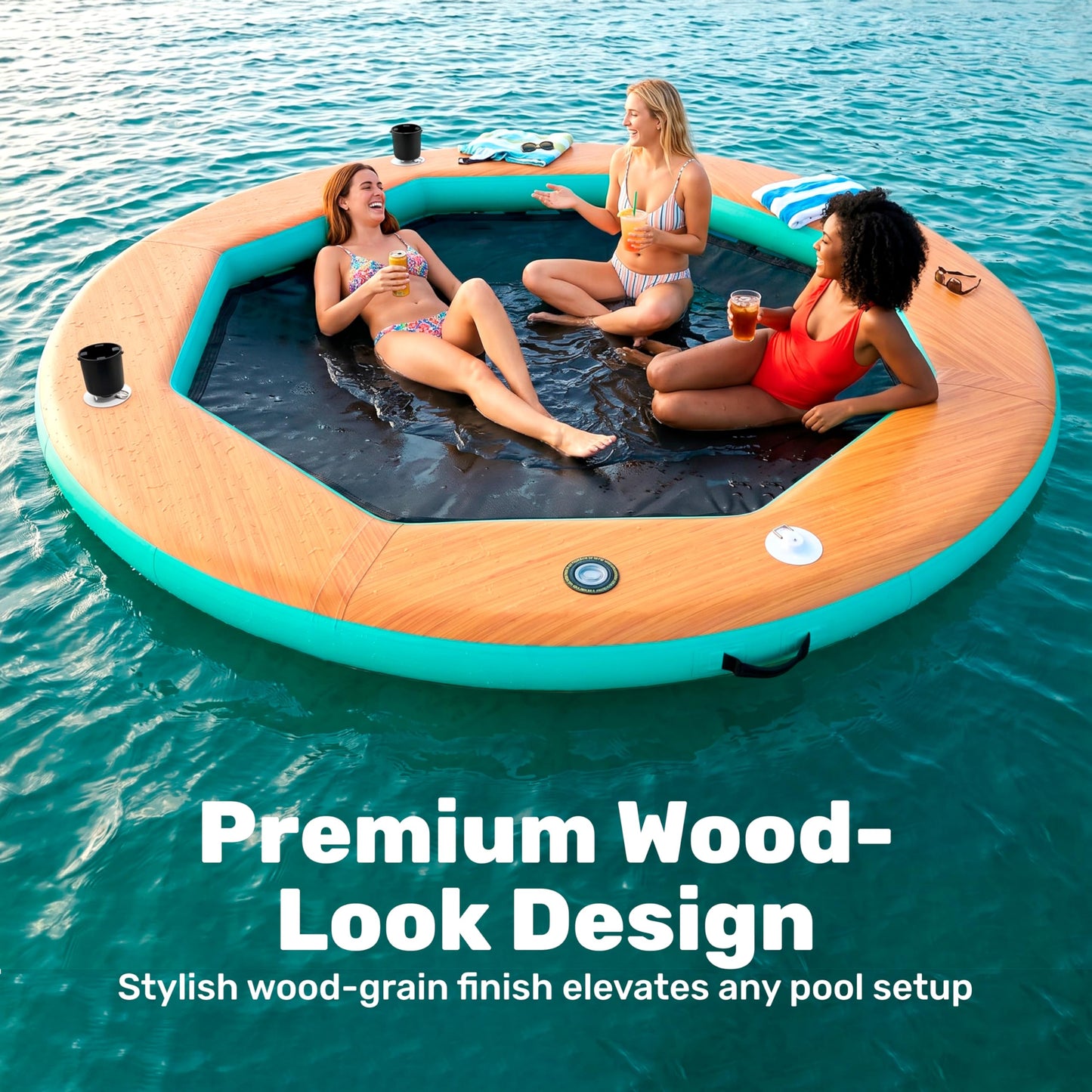 SLOOSH 8FT Inflatable Water Hammock Floating Dock, Sunchill Float Ring with Wood Grain & Mesh Design, Round Floating Dock Platform with Removable Cup Holders for Lake, River, or Boat Party