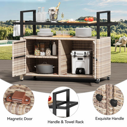 YITAHOME XL Outdoor Storage Cabinet, Outdoor Storage Cart with Wheels and Black Glass Table Top for Patio, Outdoor Cabinet for Poolside and Backyard (Light Brown)