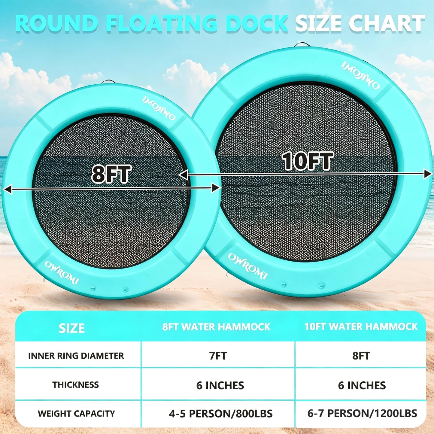 OWROMI Inflatable Dock Floating Platform, 8FT Inflatable Water Hammock Floating Deck 10FT Round Floating Ring for Adults Tanning Pool Lounger Platform Mat for Beach Lake Party Dock Boat